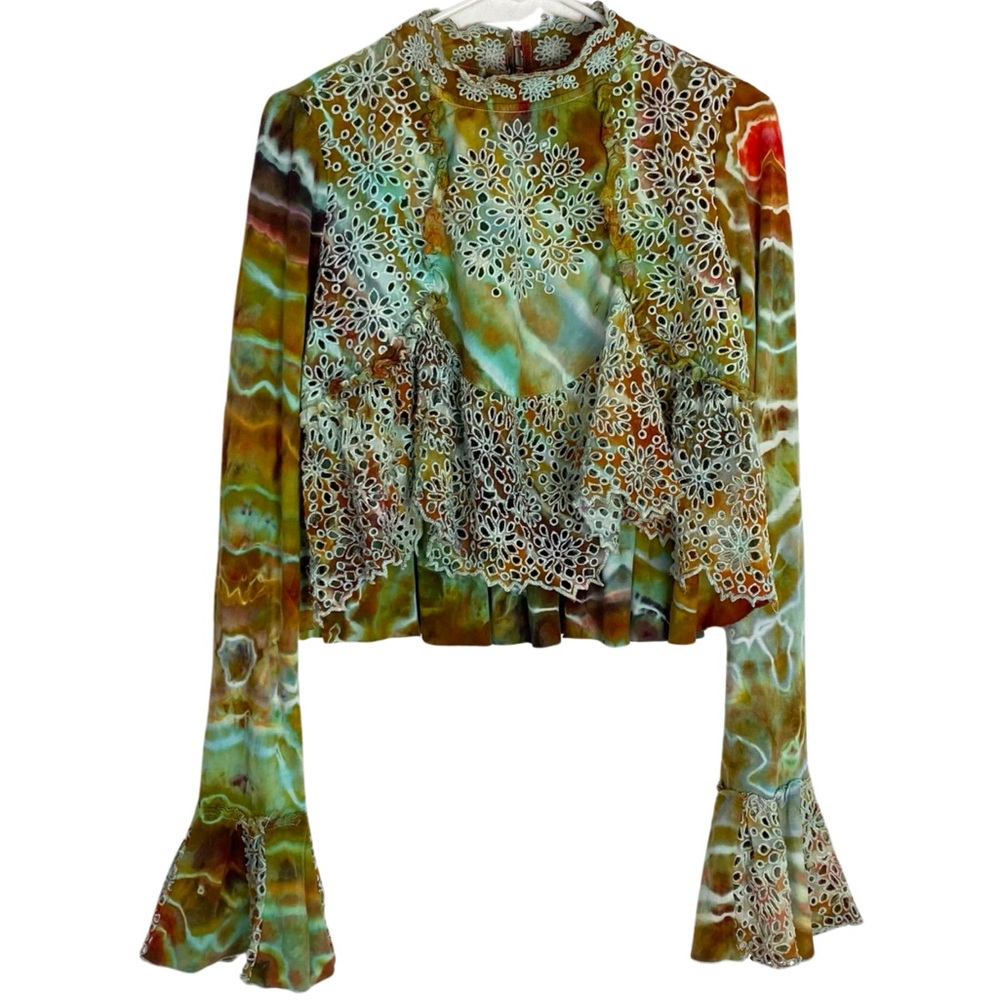 FP Free People Brittany Blouse Womens Medium Geode Tie Dye Green Tan Embroidered